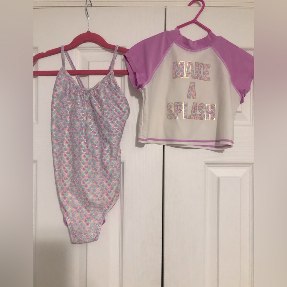 Cat & Jack two piece swim set mermaid one piece with‎ sun shirt girls M 7/8